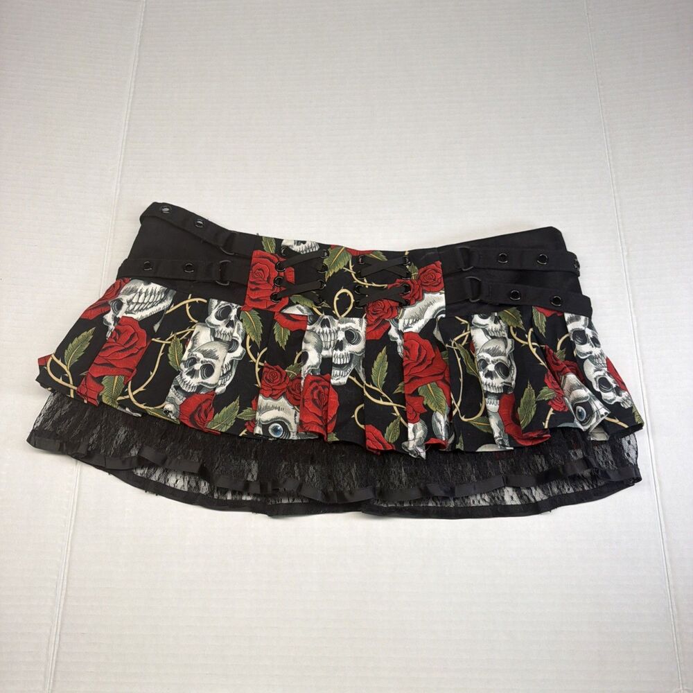 Living Dead Souls Flared Mini Skirt Skull Rose Y2K with Lace Women Size M